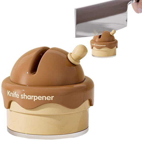 ZFSBZBS Ice Cream Shaped Knife Sharpener,Cream Yellow,Portable Knife&Scissor Sharpener with Non-Slip Base,Ceramic Wheels,Fast & Easy Tool for Kitchen,Camping,Brown