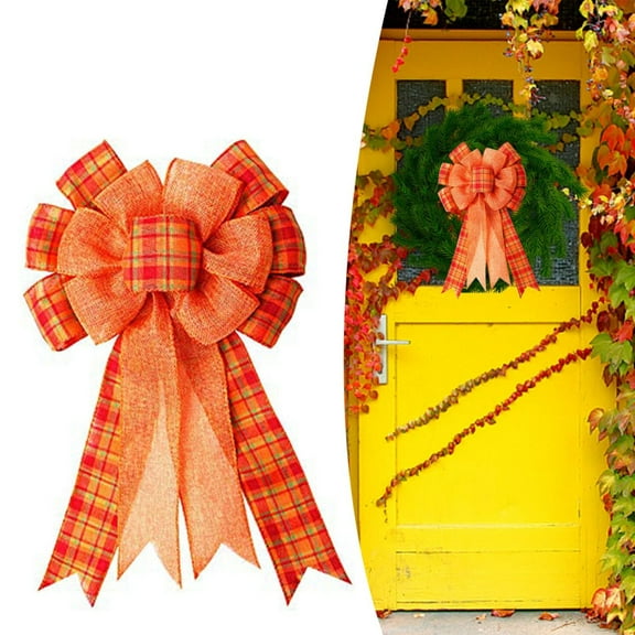 ZFSBZBS Large Fall Wreath Gift Bow Orange Buffalo Plaid for Thanksgiving, Fall, Christmas - Large Wreath, Tree Topper, Indoor/Outdoor Decoration Orange