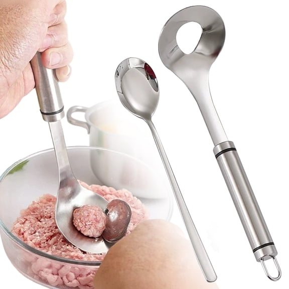 ZFSBZBS Maker Spoon,Stainless Steel Manual Tool with Auxiliary Spoon Set,Long Spoon,Meatball Maker Tool with Hole Convenient Storage, Long Handle Spoon for Kitchen Dinning