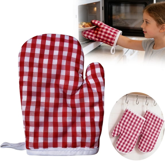 ZFSBZBS Oven Mitts for Kitchen, Microwave Oven Gloves Kitchen Baking Mitts, Red Checkered s for Safe Backing Cooking BBQ,Red