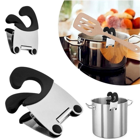 ZFSBZBS Pot Clip Spoon Rest Holder Heat Resistant Stainless Steel Kitchen Gadget for Utensil Storage Compact for Spoon Spatula and More,Black