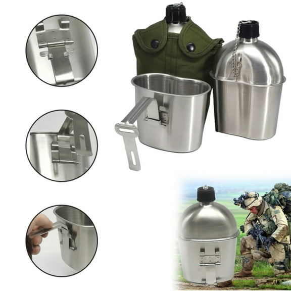 ZFSBZBS Stainless Steel Military Canteen and Cup Set with Green Cover for Camping, Hiking, Backpacking, Hunting, Fishing and Outdoor Adventures - Complete Camping Essentials Kit