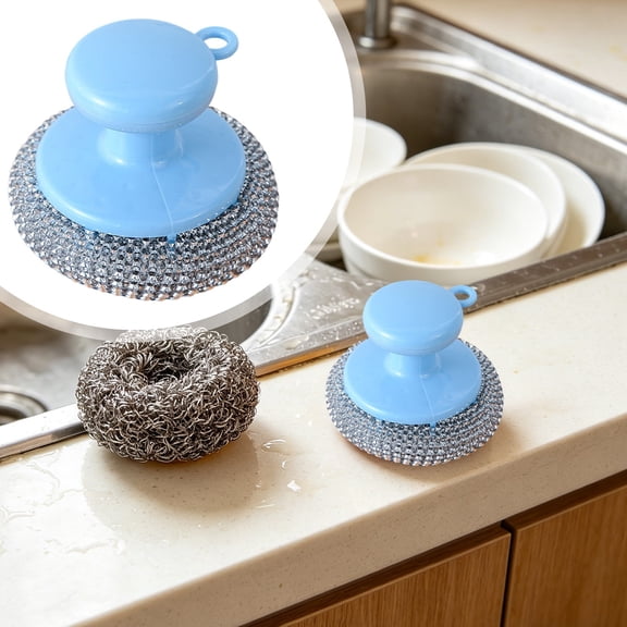 ZFSBZBS Steel Wool Scrubber with Handle, Multifunctional Metal Scrubber for Pan Pot, Metal Scouring Pads Dishwashing Stainless Steel Scrubbing Pads for Kitchen,Blue