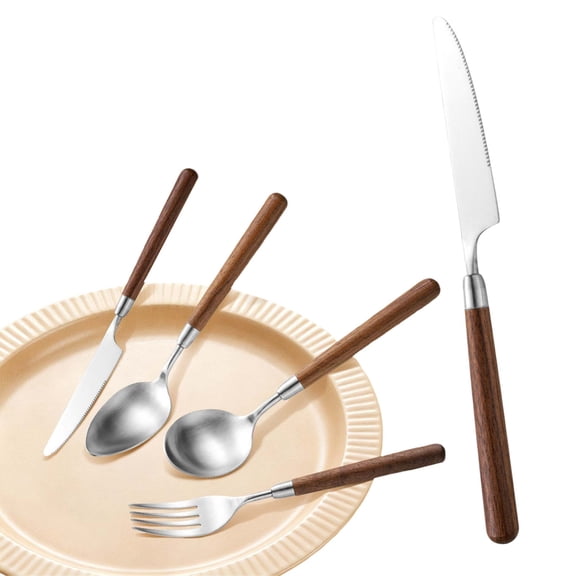 ZFSBZBS Wood Handle Flatware Set,Heavy-Duty 304 Stainless Steel Cutlery for Rust Resistant Daily Dining,Dinner Knife Fork Spoon for 1,Rustic Silverware for Home Camping Travel,22cm/8.66in