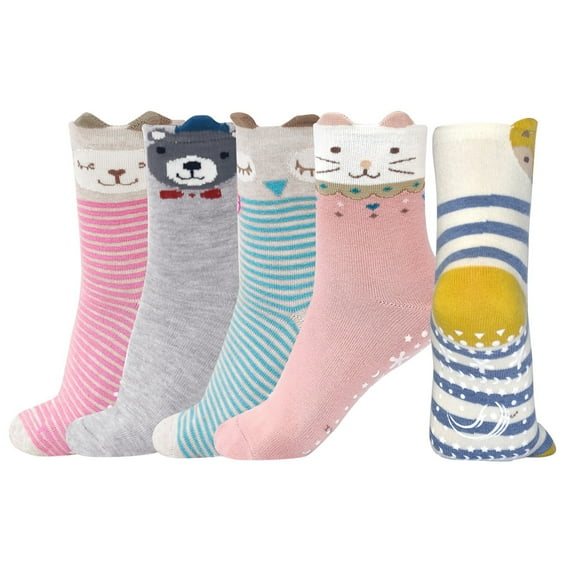 AMITOFO 5 Pairs Girls Socks: Soft Cotton Crew Socks with Grips Non-slip Cute Animal Ankle Socks for Toddler Girls Kids 2-11 Years