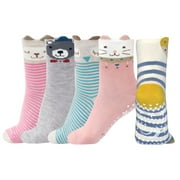 ZFSOCK 5 Pairs Girls Socks: Soft Cotton Crew Socks with Grips Non-slip Cute Animal Ankle Socks for Toddler Girls Kids 2-11 Years