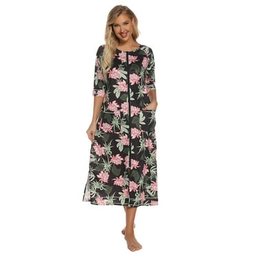 ZFSOCK Long Robes for Women Zip up Bathrobes Ladies Soft Cotton Robe with Pockets Half Sleeve Loungewear House Dresses,Flower & M