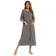 ZFSOCK Long Robes for Women Zip up Bathrobes Ladies Soft Cotton Robe with Pockets Half Sleeve Loungewear House Dresses