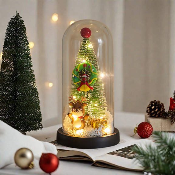 ZFYXGS Christmas Decoration Small Imitation Glass Cover Mini With Light Emitting Snow Falling Small Christmas Tree Desktop Ornament Clearance