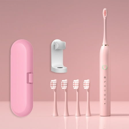 ZFYXGS Travel Electric Toothbrush for Adults with Case, 4 Brush Heads and 6 Modes, Pink