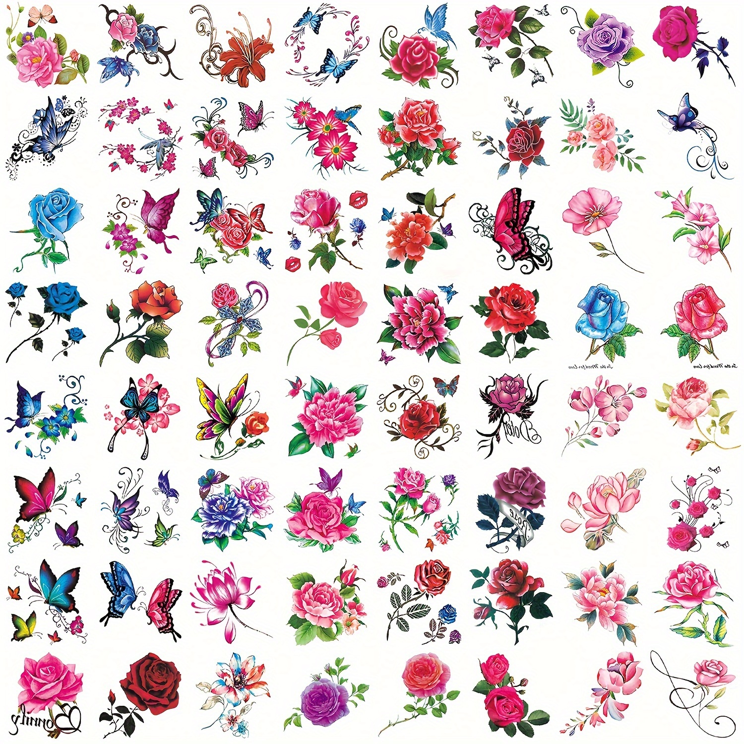 ZGAD 64Pcs Waterproof Colorful Butterfly Flower Pattern Temporary ...