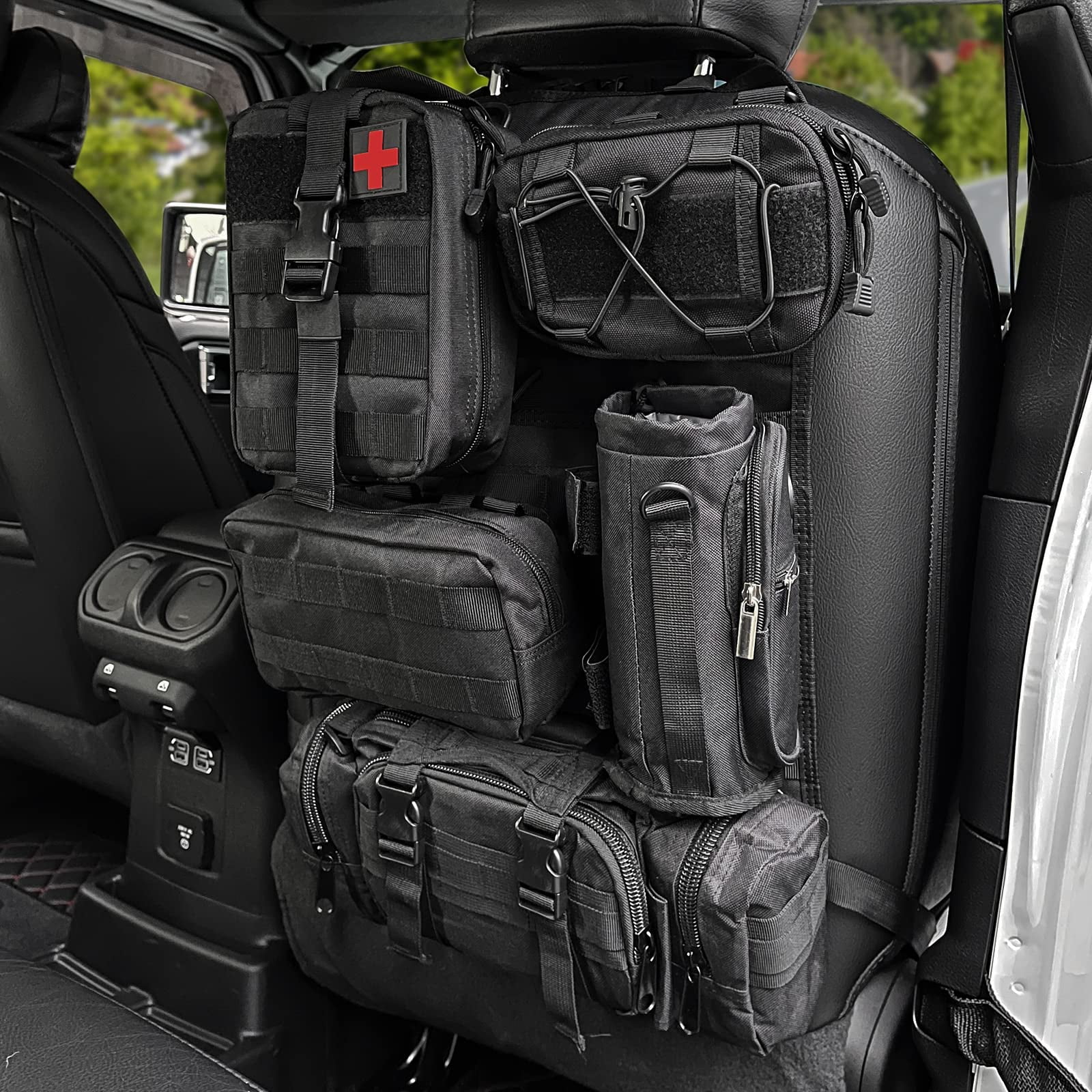 Universal Tactical Seat ​Back Organizer Vehicle Molle Panel Organizer  Storage Bag with 5 Detachable Molle Pouch for All Vehicel Such as