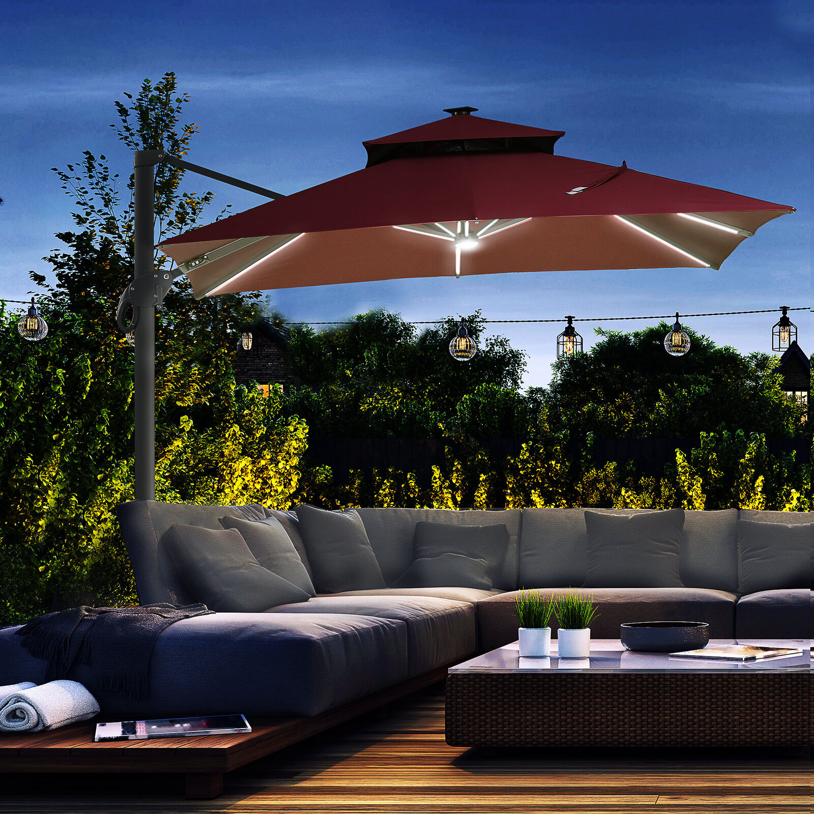 ZGBY 10' Led Lighted Offset Cantilever Umbrella, 4 Angle Tilt & 360