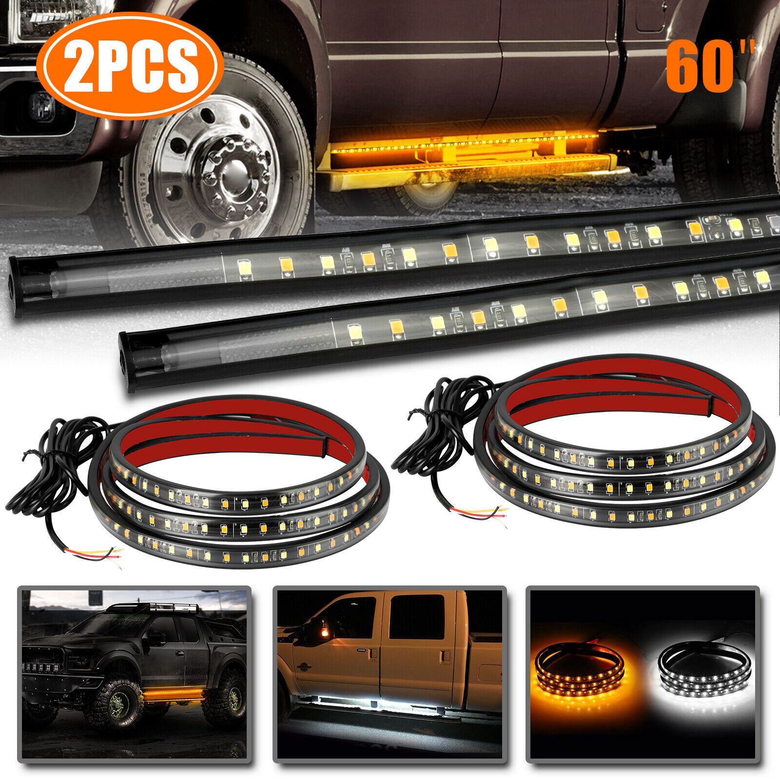 ZGBY 2X 60" Running Board LED Light DRL Side Step Strip Bar White Amber
