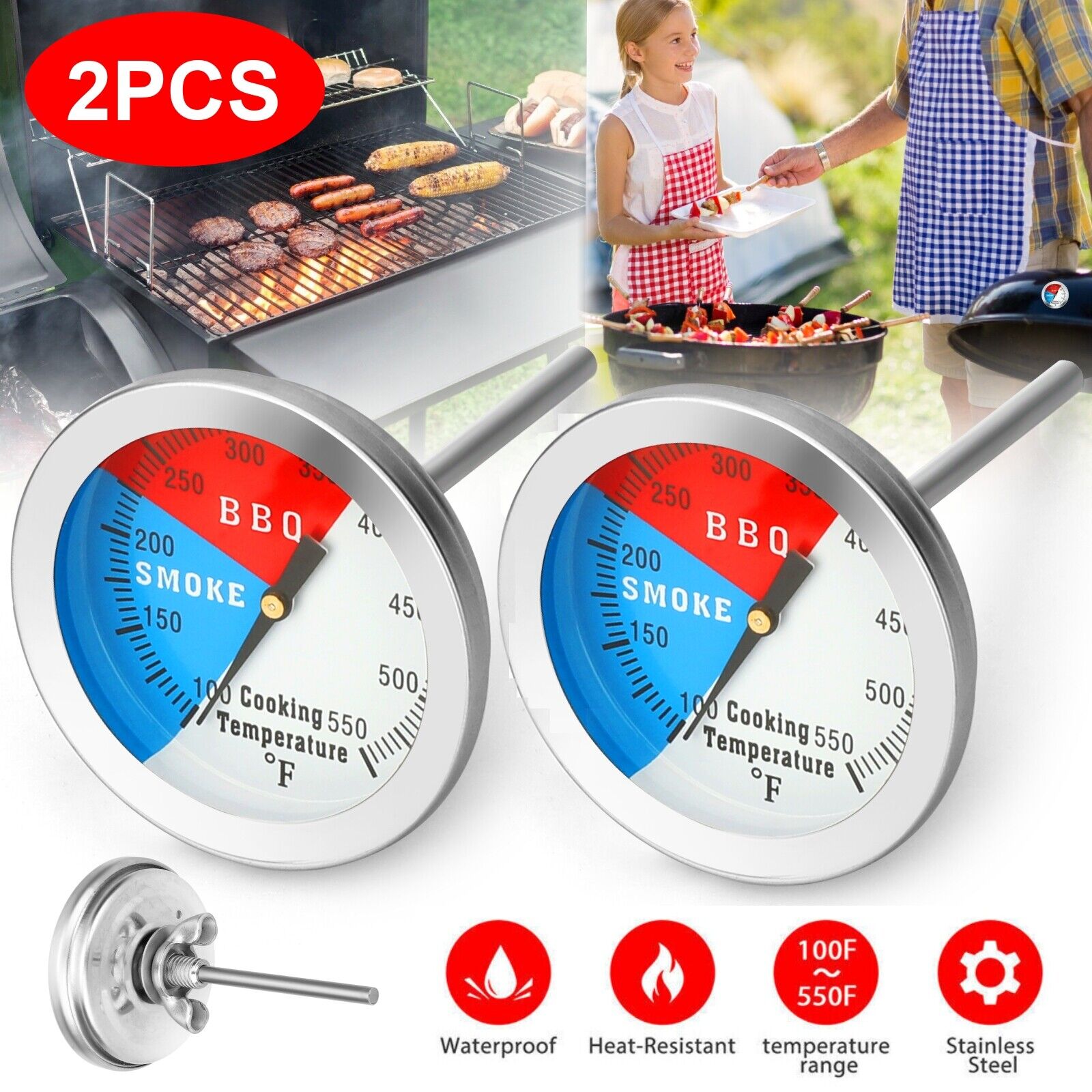 ZGBY 2pc 2" Thermostat Thermometer Gauge Cooking BBQ Grill Smoker Pit