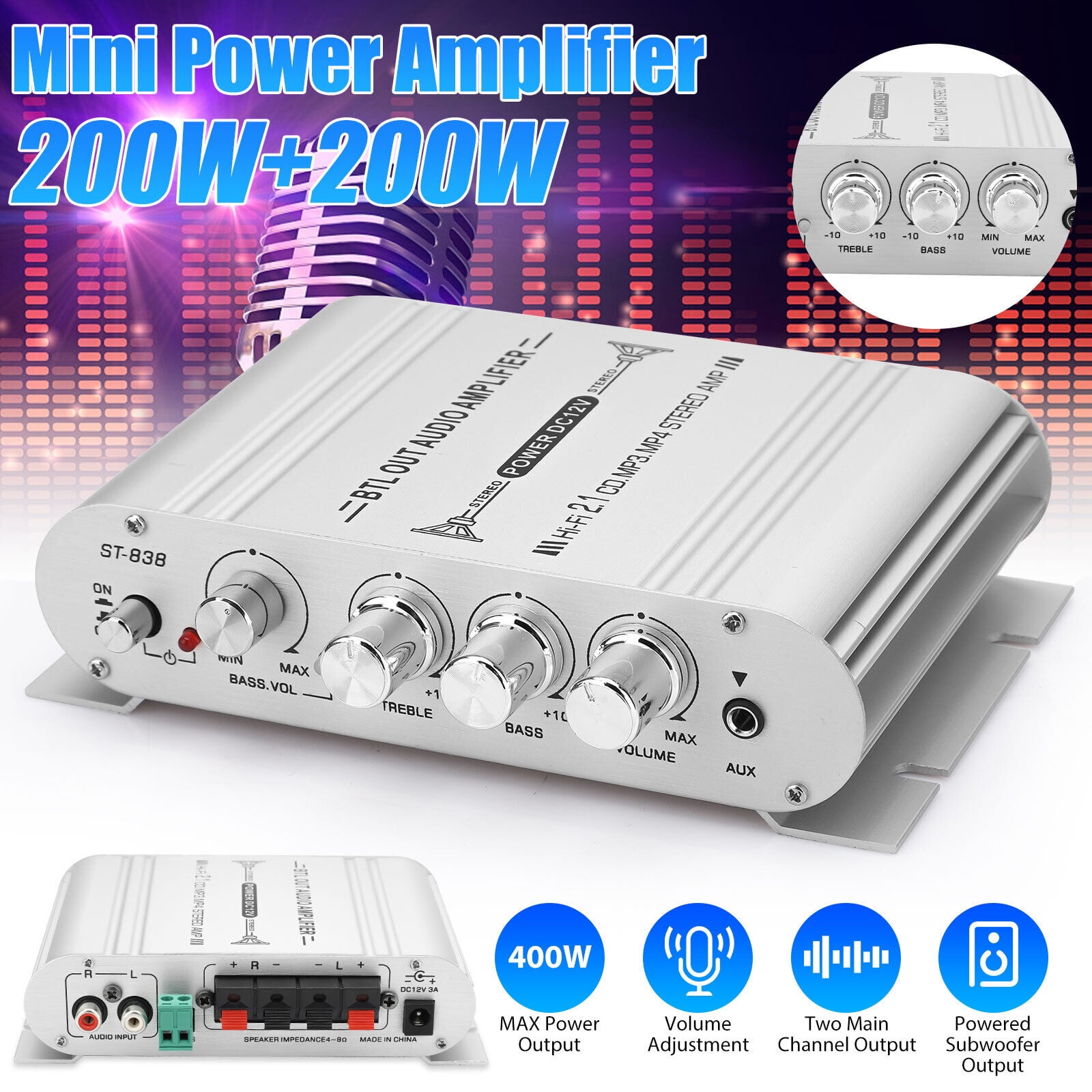 ZGBY 400W 12V 2.1Channel Powerful Stereo Audio Power Amplifier HiFi