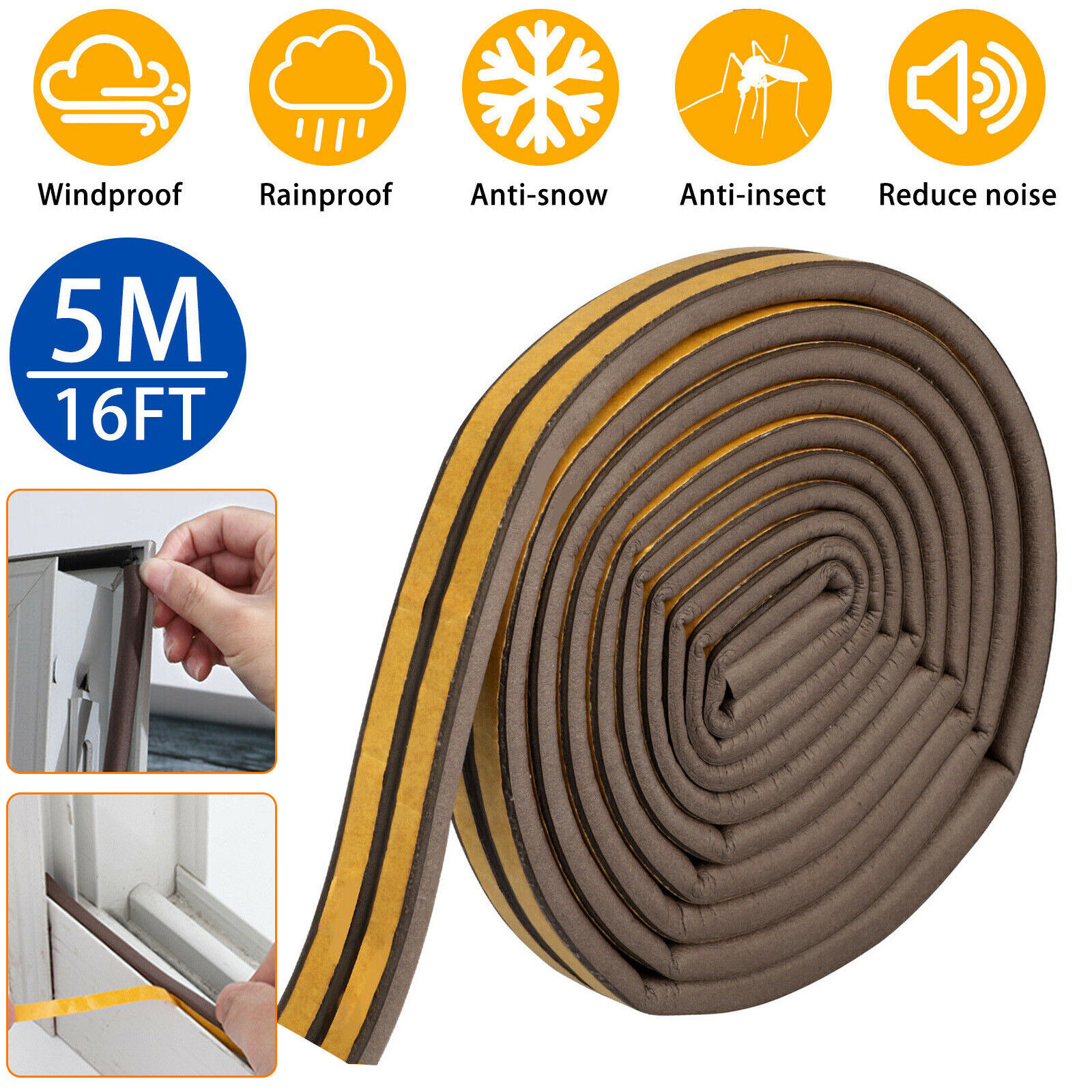 ZGBY 5M Soundproof Weather Stripping SelfAdhesive Rubber Seal Strip