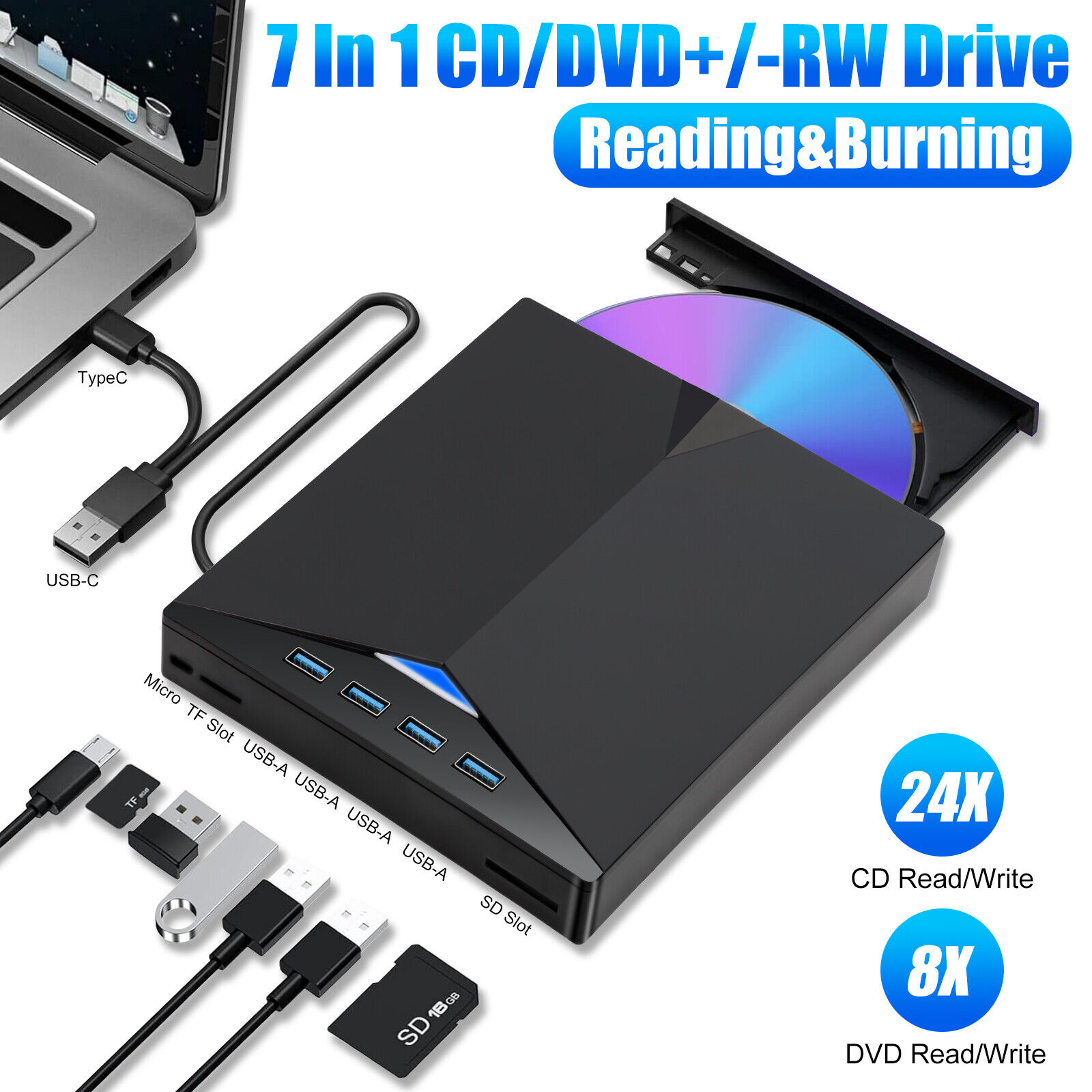 ZGBY 7IN1 Slim External CD DVD Drive USB 3.0 Reader Writer Burner