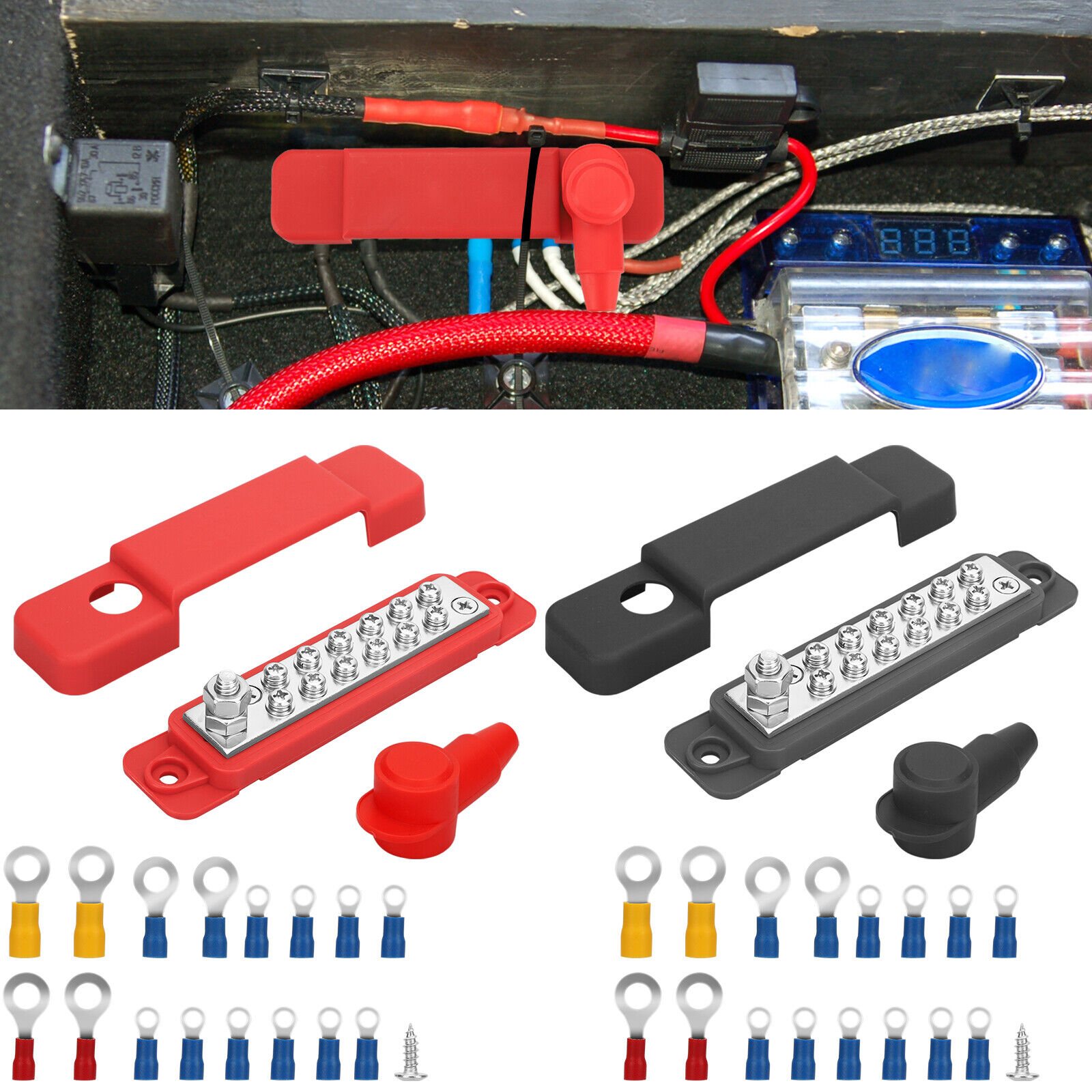 ZGBY Black & Red 12 Terminal Busbar Bus Bar Power Distribution Block