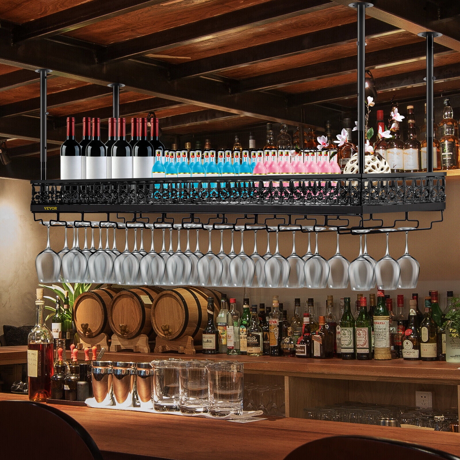 ZGBY Ceiling Mounted Bar Wine Rack Wine Glass Hanging Rack 46.9X13In Black Walmart