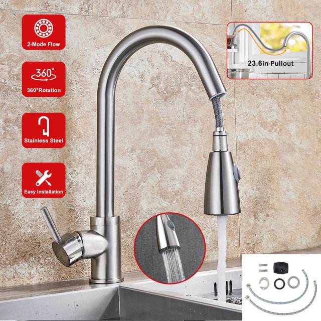 ZGBY Commercial Kitchen Sink Faucet Pull Out Sprayer Mixer Tap Brushed