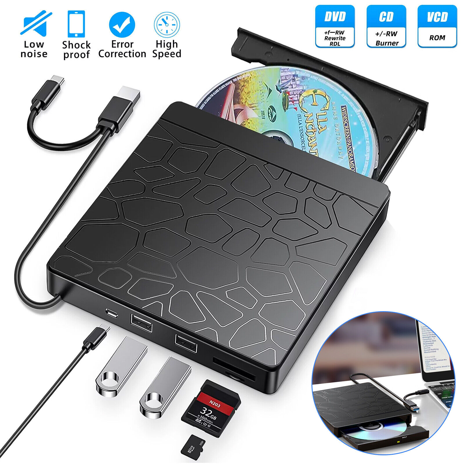 ZGBY External CD DVD Drive for PC Laptop Windows 11 10 8 USB 3.0 Burner