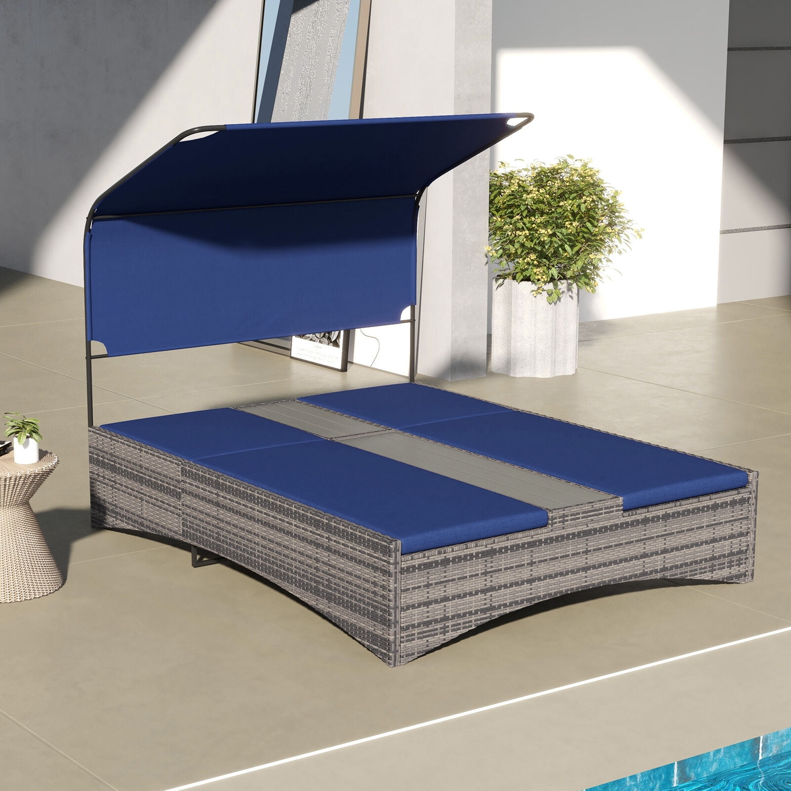 ZGBY Outdoor Double Chaise Lounge W/ Canopy, Reclining Daybed, Blue