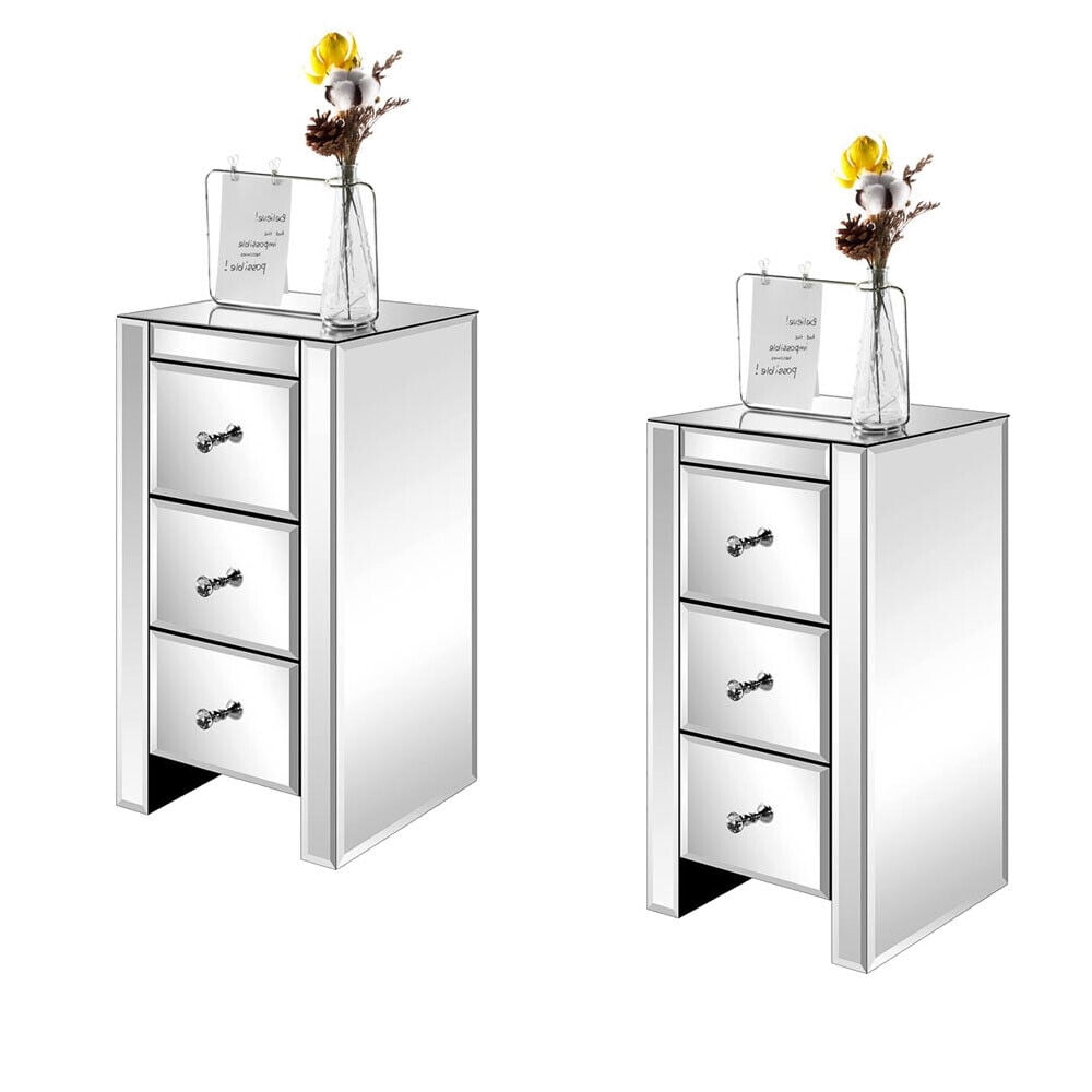 ZGBY Set Of 2 Mirrored Nightstand Crystal Silver 3 Drawer Mini End