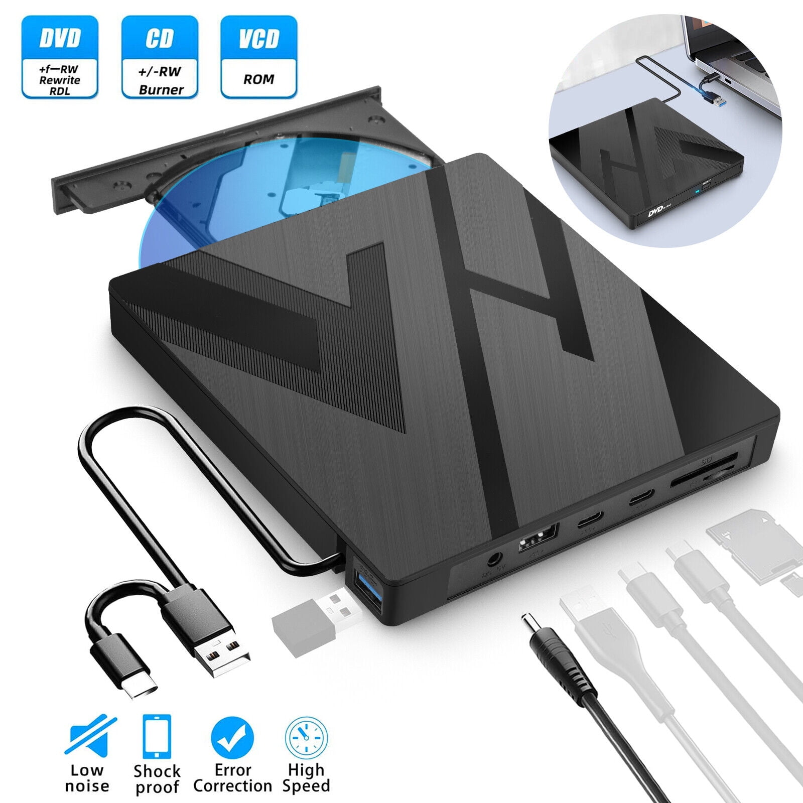 ZGBY USB 3.0 External CD DVD Writer Drive Burner Reader Player for PC