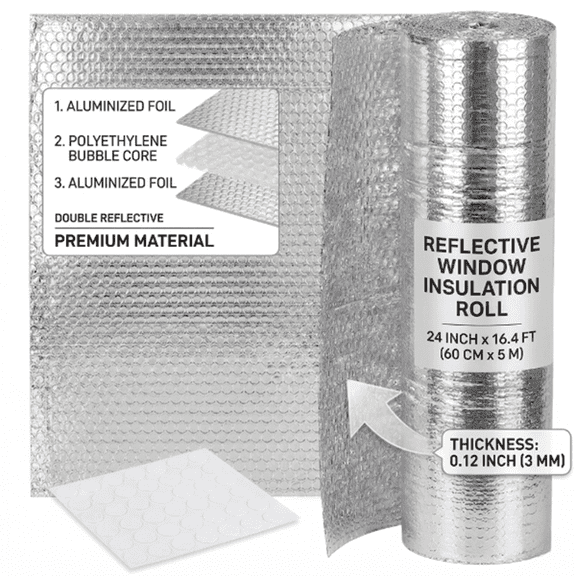 ZGDong Reflective Insulation Roll, 24" x 16.4 Ft Double Aluminum Foil Radiant Barrier with 70 Adhesive Pads, B2 Fire-Rated Thermal Shield for Windows, Attics, RV, Garage, Winter Weatherproof