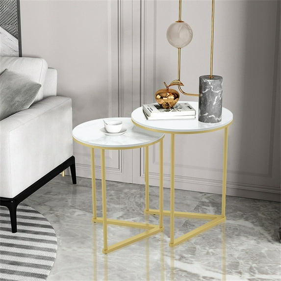 ZGOODWJ 2 PIECES Nesting Round Coffee Table Marble Metal Side End Table for Living Room
