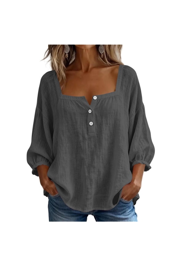 3/4 Sleeve Cotton Linen Shirts for Women Square Neck Button Loose Basic Tops Summer Casual Solid Daily T-Shirts