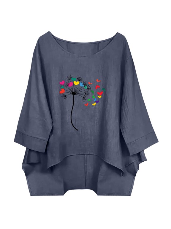 3/4 Sleeve Loose Tops for Women Crew Neck Asymmetrical High Low Hem Shirts Cotton Linen Casual Lightweight Blouses