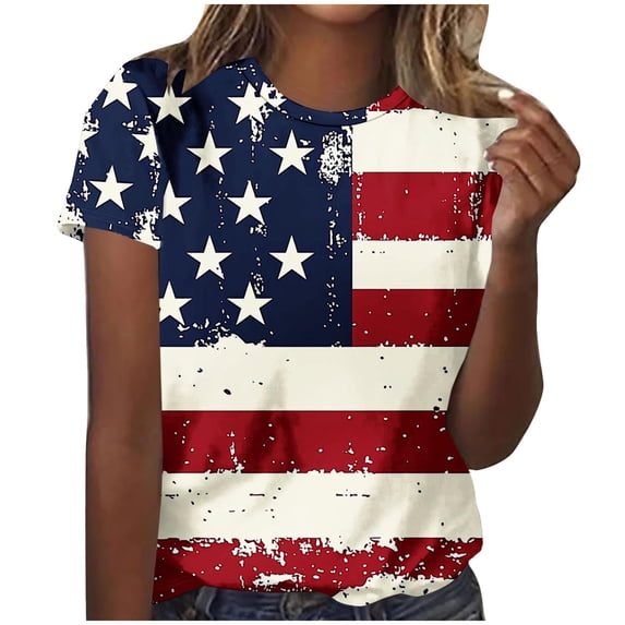 ZGRBOU 4Th of July Shirts for Womens Summer Printed Short Sleeve Crewneck Tops Casual American Flag Patriotic Shirt