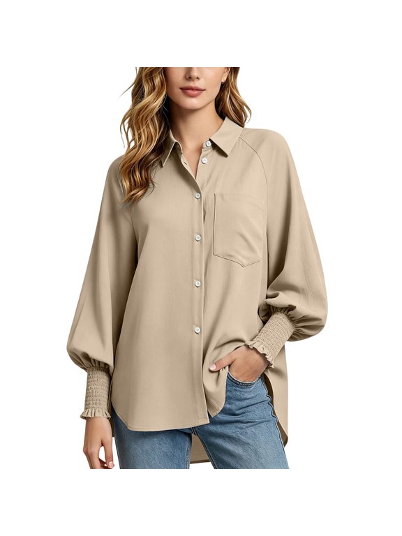 Button Down Blouses for Women Dressy Casual Smocked Cuffed Long Sleeve Shirts Fashion Collared Work Tunic Tops