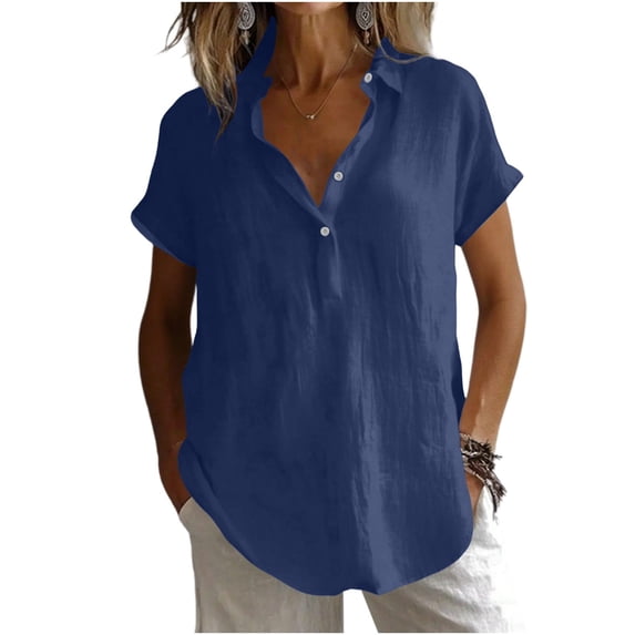 ZGRBOU Cotton Linen Short Sleeve Tops for Women Casual V Neck Button Up Shirts Summer Loose Beach Vacation Blouses