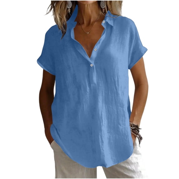 ZGRBOU Cotton Linen Short Sleeve Tops for Women Casual V Neck Button Up Shirts Summer Loose Beach Vacation Blouses