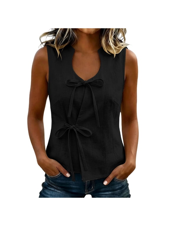 Cotton Linen Tank Tops for Women V Neck Wrap Side Tie Sleeveless Vest Summer Casual Loose Work Shirts