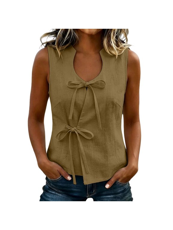 Cotton Linen Tank Tops for Women V Neck Wrap Side Tie Sleeveless Vest Summer Casual Loose Work Shirts