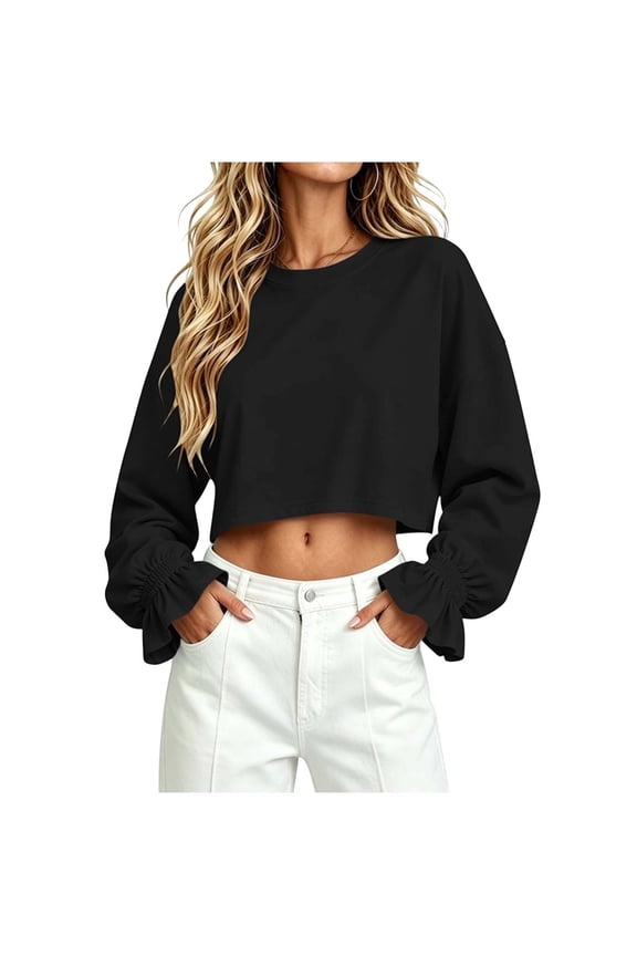 Cropped Sweatshirts for Women Smocked Ruffle Long Sleeve Tops Casual Crewneck Loose Fit Crop Pullover Top