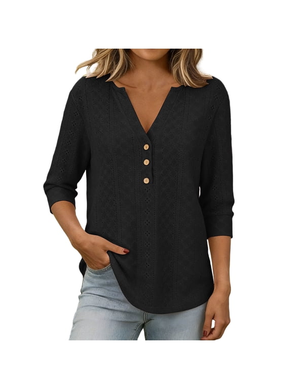 Eyelet Tops for Women 3/4 Sleeve V Neck Button Down Henley Shirts Dressy Casual Loose Boho Blouses 2026
