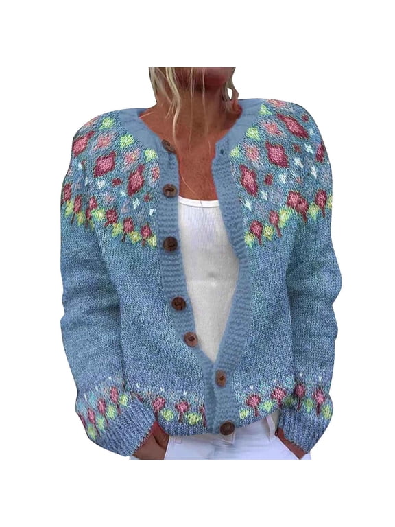 Fair Isle Cardigan Sweaters for Women Long Sleeve Button Down Chunky Knit Jumper Fall Retro Crew Neck Loose Jacket