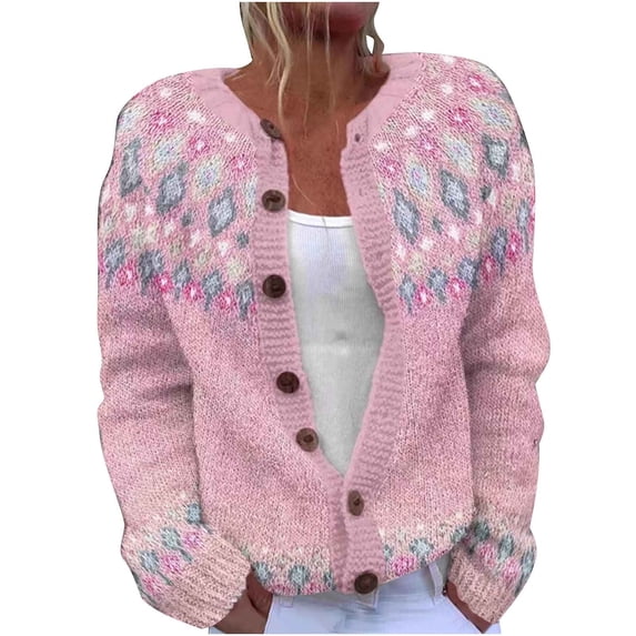ZGRBOU Fair Isle Cardigan Sweaters for Women Long Sleeve Button Down Chunky Knit Jumper Fall Retro Crew Neck Loose Jacket
