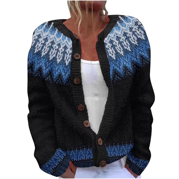 ZGRBOU Fair Isle Cardigan Sweaters for Women Long Sleeve Button Down Chunky Knit Jumper Fall Retro Crew Neck Loose Jacket