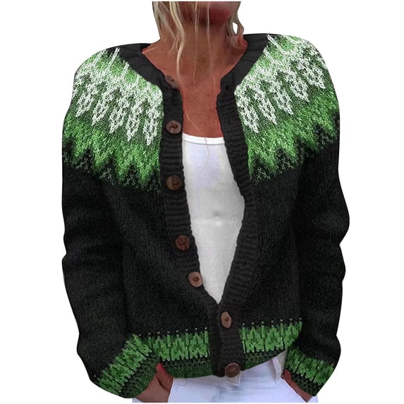 ZGRBOU Fair Isle Cardigan Sweaters for Women Long Sleeve Button Down Chunky Knit Jumper Fall Retro Crew Neck Loose Jacket