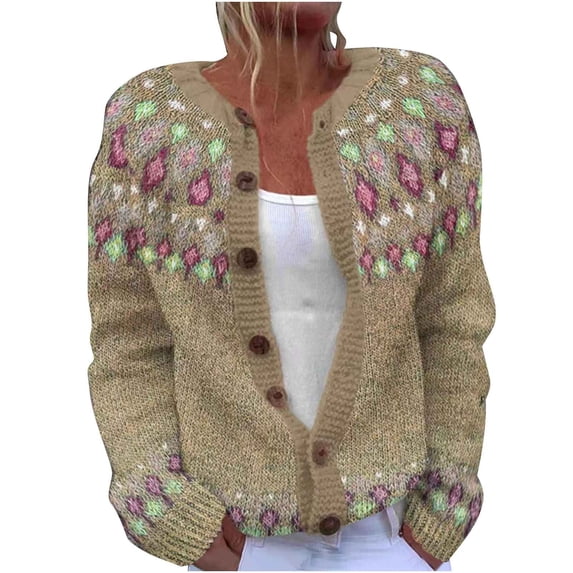ZGRBOU Fair Isle Cardigan Sweaters for Women Long Sleeve Button Down Chunky Knit Jumper Fall Retro Crew Neck Loose Jacket