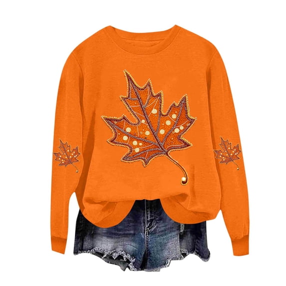 ZGRBOU Fall Sweatshirts for Women Fashion Maple Leaf Print Shirts Thanksgiving Casual Crewneck Long Sleeve Pullover Tops