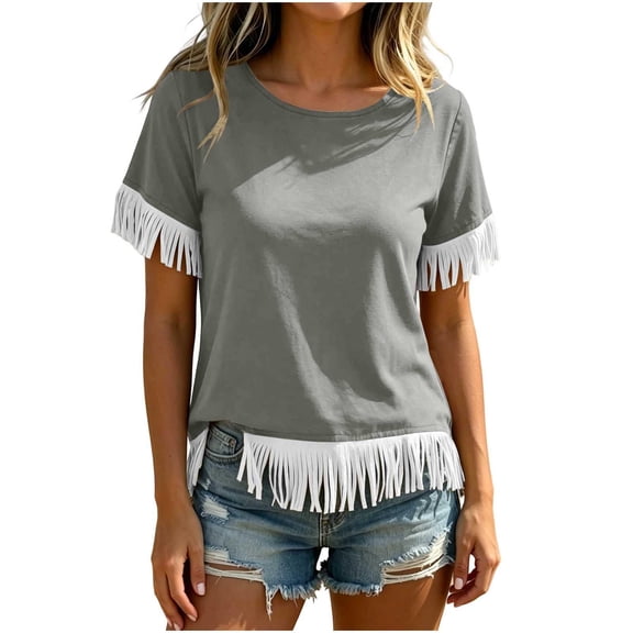 ZGRBOU Fringe Short Sleeve Tops for Women Casual Tassel Hem Oversized Tshirts Summer Loose Country Cowgirl Shirts