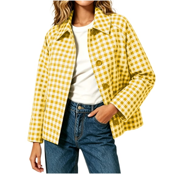 ZGRBOU Gingham Plaid for Jacket Women Long Sleeve Button Down Cropped Coat Fashion Collared Shacket 2026 Fall Cardigan