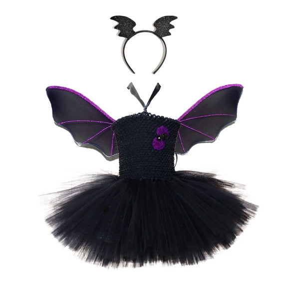 ZGRBOU Girls Bat Vampire Costume Set Halter Neck Smocked Sleeveless Tulle Tutu Dress Kids Halloween Cosplay